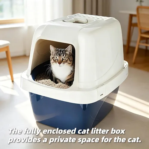 Miniatura 3 de Caja de arena grande con capucha para gatos, bandeja de arena cerrada extragrande con bandeja de tamiz integrada para múltiples gatos, azul y blanco