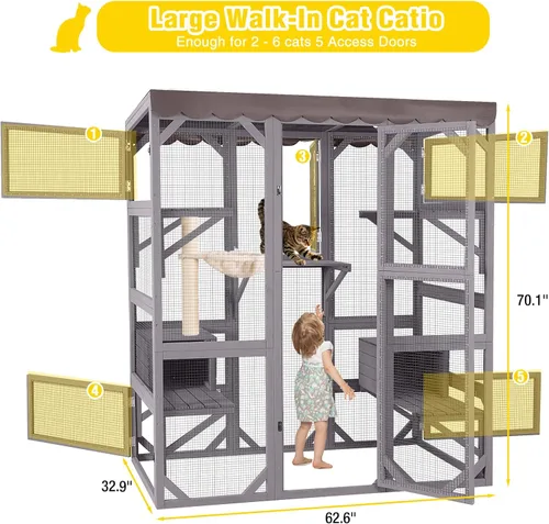 Miniatura 9 de Aivituvin Catio - Recinto para gatos al aire libre con 7 plataformas, 2 cajas de descanso, casa para gatos con ventana grande para 4-6 gatos Gris