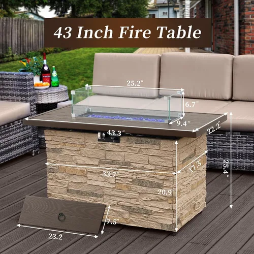 Miniatura 7 de Mesa de Hoguera de Propano PIZZELLO de 43 Pulgadas al Aire Libre, Mesa de Fuego Rectangular de Piedra para Exteriores, Mesa de Hoguera de 50,000 BTU