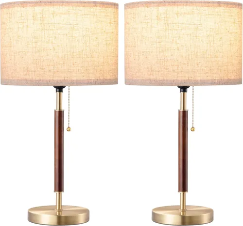 Miniatura 8 de EDISHINE Juego de 2 lámparas de mesa de mediados de siglo, lámpara de noche con interruptor de cadena, pantalla de lino, poste de madera maciza