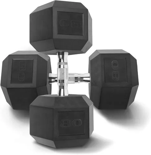 Miniatura 15 de WF Athletic Supply Mancuernas hexagonales con revestimiento de goma con mango cromado contorneado, entrenamiento de cuerpo completo y entrenamiento