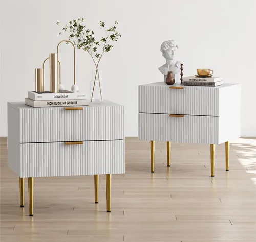 Mesita de noche blanca para dormitorio, juego de 2 mesitas de noche acanaladas, mesa de noche moderna de mediados de siglo con patas de metal dorado