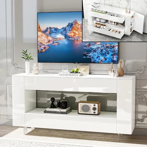 Miniatura 12 de Mueble de TV de alto brillo con 2 cajones grandes y puertas abiertas, moderno mueble de almacenamiento para consola de TV para sala de estar, Negro