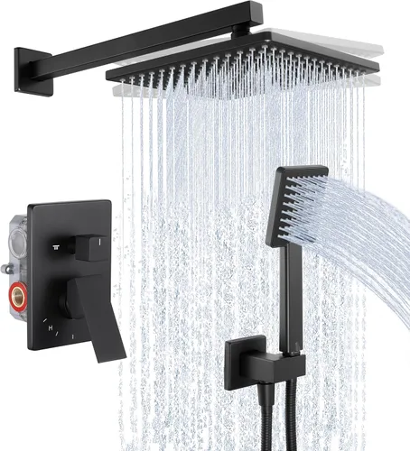 KES Juego de grifo de ducha con sistema de ducha, cabezal de ducha de lluvia con válvula de ducha de mano y kit de molduras negro mate, XB6223F25-BK