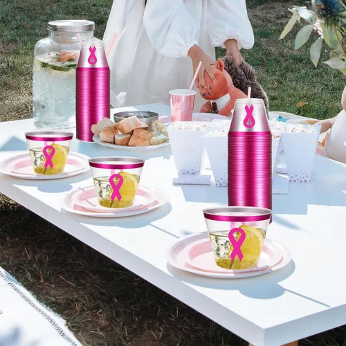 Miniatura 7 de Gejoy 50 vasos de plástico desechables de 9 onzas para concienciación sobre el cáncer de mama, con borde rosa, vasos desechables para fiestas, copas