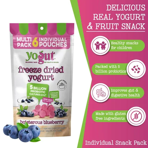 Miniatura 4 de YoGut Bocadillo de yogur liofilizado, arándano, paquete de 6, aperitivos saludables para niños, niños pequeños y adultos, sin gluten, sin OMG, con 5