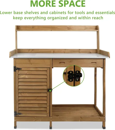Miniatura 8 de PetsCosset - Banco de jardinería con mesa de trabajo al aire libre, de madera, con superficie de mesa metálica, gabinete, cajón, estante inferior