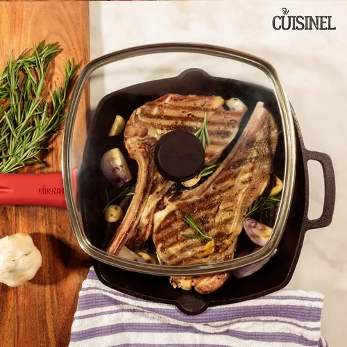 Miniatura 5 de Cuisinel - Sartén de hierro fundido cuadrada para parrilla + tapa de vidrio + raspador de sartén + cubierta de mango - Sartén con nervaduras