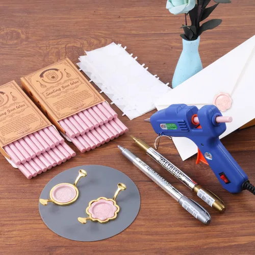 Miniatura 5 de Juego de sellos de cera, 40 varillas de cera de sellado rosa perla con pistola de pegamento, moldes de sellado de cera, alfombrilla de silicona