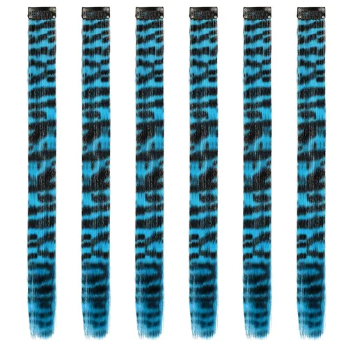 Miniatura 2 de FESHFEN Extensiones de cabello con clip con estampado de leopardo, 6 unidades, extensiones de cabello sintético largo y liso con clip, extensiones