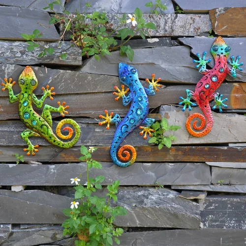 Miniatura 6 de Lagartos de metal para decoración al aire libre, decoración de pared de Gecko de metal, 13.5 x 8.5 pulgadas, paquete de 3 unidades, adecuado