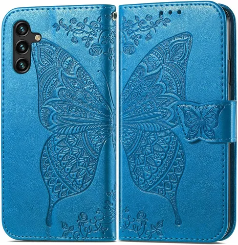 Miniatura 9 de Funda para Samsung Galaxy A14 5G, Samsung A14 5G, piel sintética de alta calidad con diseño de flor de mariposa en relieve, función atril, ranuras