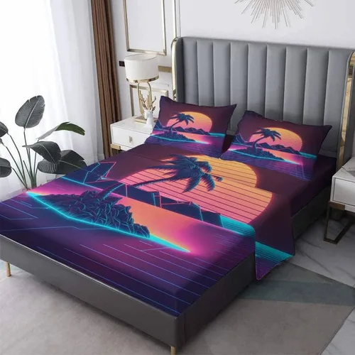 Miniatura 10 de Vaporwave Sheets - Juego de sábanas de tamaño individual, sábanas de cama de montaña neón y puesta de sol, microfibra suave con bolsillo profundo