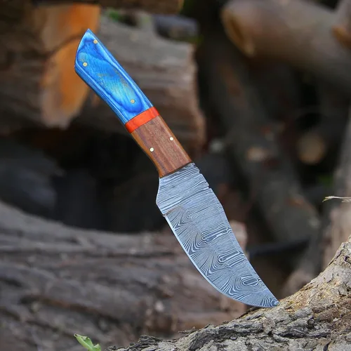 Miniatura 4 de Cuchillo de caza hecho a mano de acero de Damasco – Cuchillos de desollado de hoja fija para camping, al aire libre, supervivencia – Hoja de Damasco