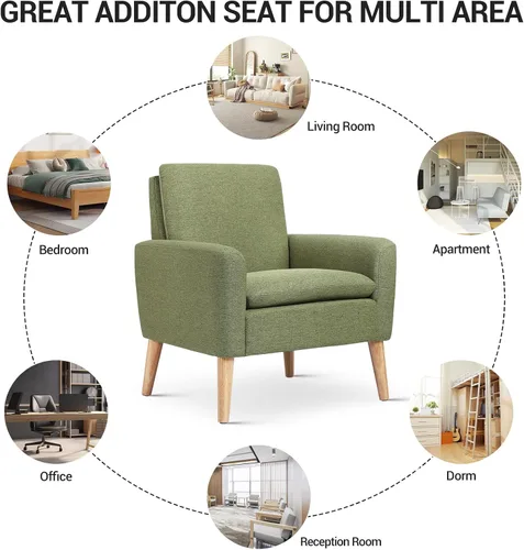 Miniatura 4 de Silla de Acento de Mediados de Siglo, Sillón Tapizado de Lino Verde para Sala de Estar o Dormitorio, Cómoda Silla de Sofá Moderna para Habitación