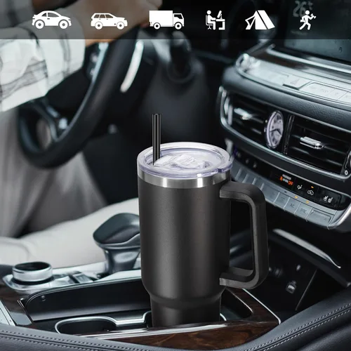 Miniatura 5 de DOMICARE Vaso de 40 oz con asa y pajita, vaso de acero inoxidable con tapa y pajita, reutilizable, aislado al vacío, taza para café de viaje