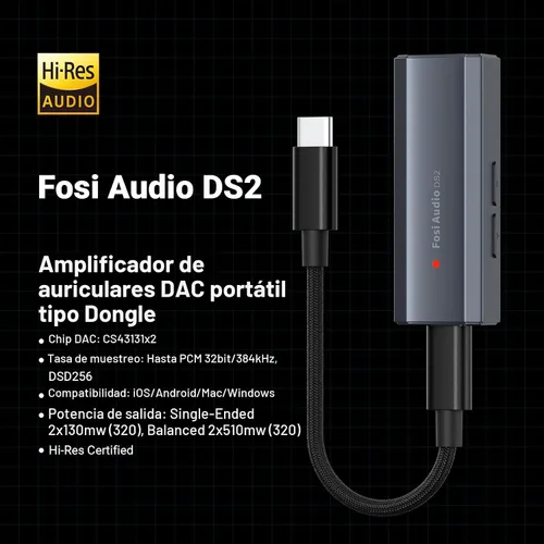 Miniatura 2 de Fosi Audio DS2 USB C a AUX Amplificador de auriculares DAC Dongle 0.138 in Jack Audio Amplificador portátil de doble salida DSD256 0.173 in