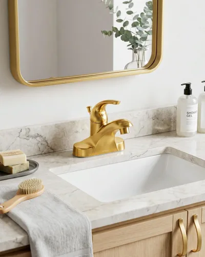 Miniatura 2 de WOWOW Grifo de baño de 4 pulgadas de un solo mango para fregadero de baño, llave de tocador de oro cepillado con conjunto de drenaje de barra