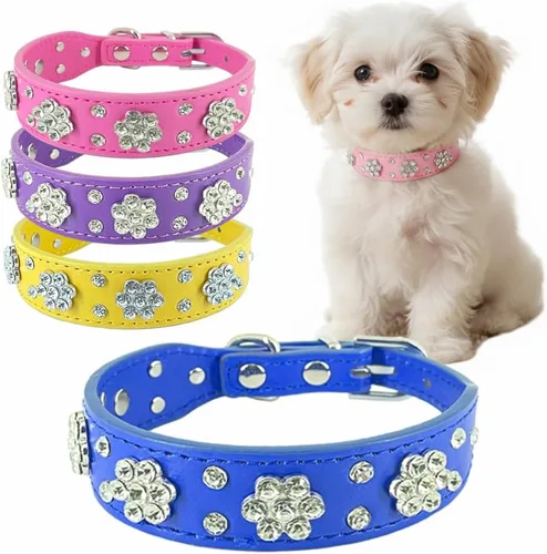 Miniatura 8 de Collar de perro con flores de diamantes de imitación, collar de piel sintética brillante para perros y gatos pequeños, bonito collar de cachorro