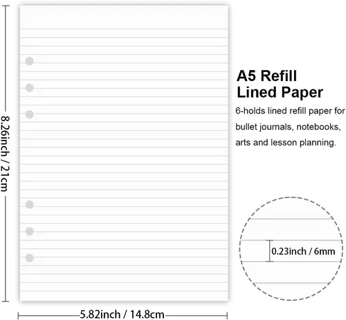 Miniatura 2 de Papel rayado A5, recambios para planificador Filofax, organizador, carpetas, perforado de 6 agujeros, 100 hojas/200 páginas, 100 g/m², blanco, 5.8 x
