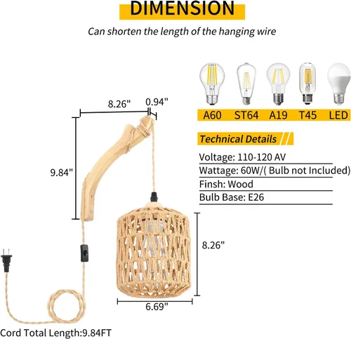 Miniatura 4 de Frideko Apliques de pared enchufables, juego de dos lámparas tejidas a mano con cable de ratán, luces de granja, aplique montado en la pared, Marrón