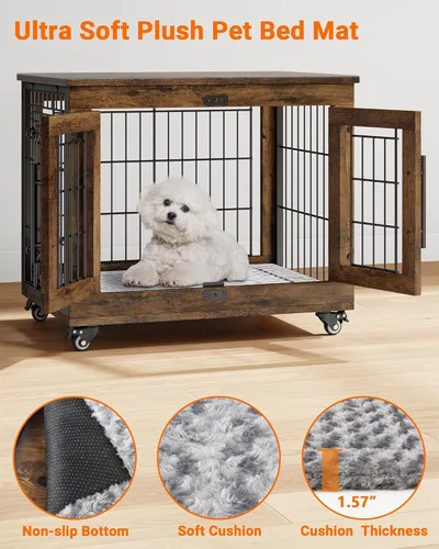 Miniatura 6 de YaFiti Mueble de jaula para perros con cojín, perrera de madera para interiores con puertas dobles, jaula para perros con ruedas, mesa auxiliar