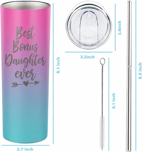 Miniatura 6 de Gift for Bonus Daughter or Daughter In Law, 20 oz Skinny Tumbler for her, Happy Birthday Day Presents from Bonus Mom or Bonus Dad Cup with Lid Straw
