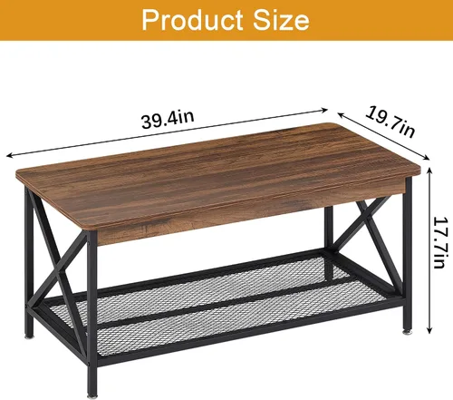 Miniatura 2 de VECELO Mesa auxiliar con estante de almacenamiento de 2 niveles, marco en X para sala de estar, oficina, estilo industrial, fácil montaje, 39 Marrón