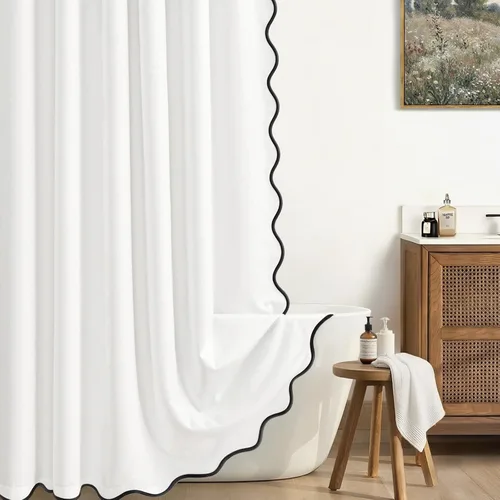 Miniatura 21 de Cortina de Ducha de Lino Beige Bonita Negra Festoneada Boho Moderna Cortinas de Ducha para Baño Juego, 48" W x 72" L
