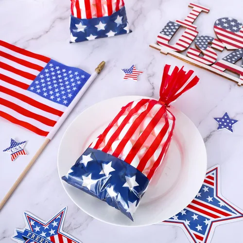 Miniatura 3 de Whaline 150 bolsas patrióticas de celofán para el 4 de julio, estrellas y rayas, bolsas de celofán con lazos torcidos, bolsa de dulces de bandera