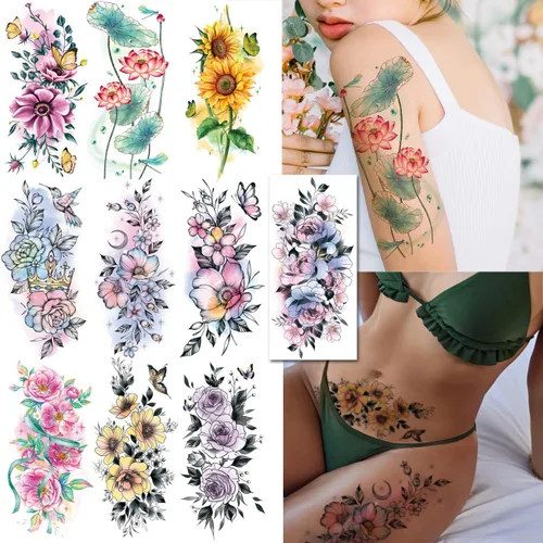 CHARLENT Tatuajes temporales de flores de acuarela para mujeres y niñas, 10 hojas grandes, tatuajes falsos florales sexys para mujeres, arte