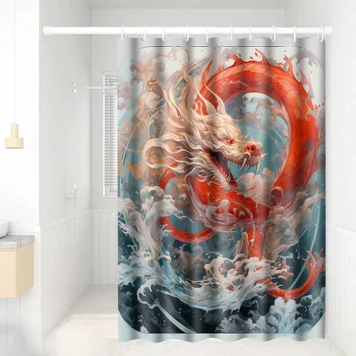 Miniatura 8 de YLOKPA0717 - Cortina de ducha de dragón japonés con ganchos, enorme ola de mar, cortina de baño de dragón rojo, 36 x 72 pulgadas, decoración de baño
