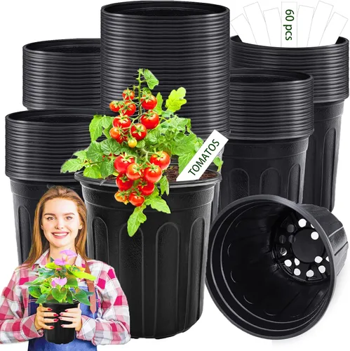 60 macetas flexibles de 1 galón, maceta de plástico suave grueso con etiquetas para plantas, contenedores de inicio de semillas de flores para