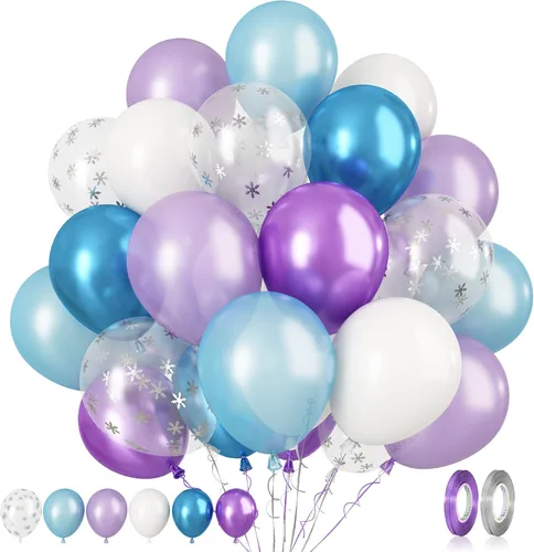 Paready Globos de Frozen, 60 Piezas Globos de 12 Pulgadas Morado Azul Blancos y de Confeti de Nieve de Látex para Niñas Suministros de Fiesta Morado