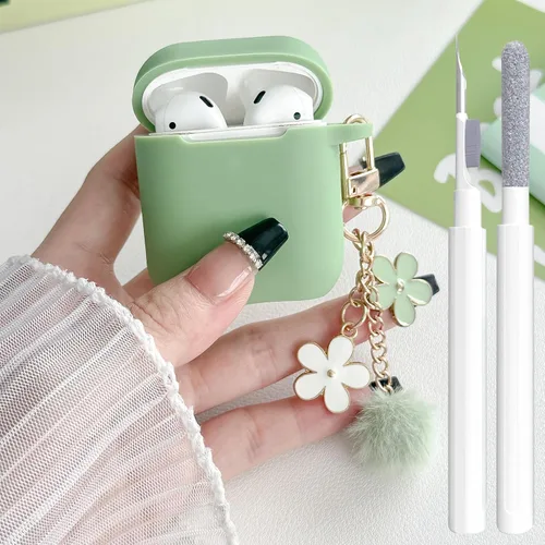 Miniatura 23 de Bonita funda negra para Airpods de 2ª/1ª generación para niñas y mujeres, con llavero de pompón de flores y kit de limpieza, funda protectora tipo