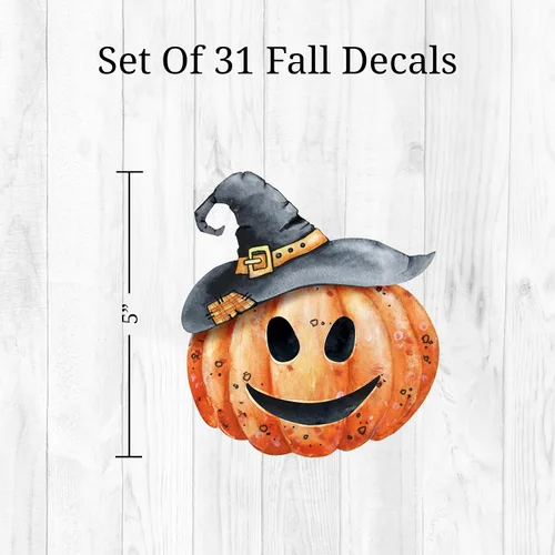 Miniatura 5 de Decalcomania - Calcomanías de pared para Halloween, juego de 31 calcomanías de decoración de calabazas de otoño para sala de estar, dormitorio