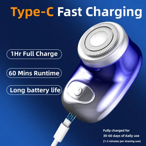 Miniatura 5 de Mini afeitadora eléctrica, afeitadora eléctrica de tamaño de bolsillo para hombres y mujeres, recargable, fácil de usar con un botón, portátil, Azul