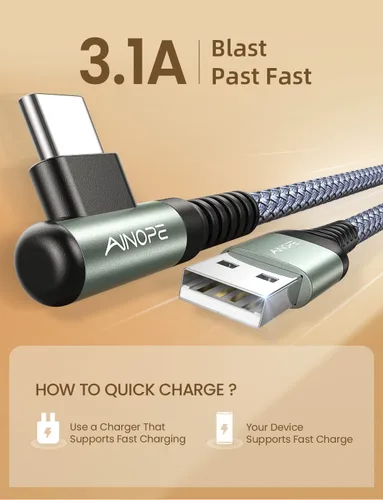 Miniatura 3 de AINOPE Cable USB C [2 unidades, 0.5 pies] 3.1A tipo C cargador de carga rápida en ángulo recto, cable de carga USB C trenzado de nailon duradero Gris