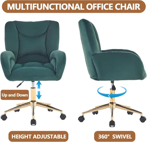 Miniatura 3 de Silla de escritorio de terciopelo suave cómoda con patas y ruedas de metal dorado, silla de oficina cómoda giratoria de 360 grados con altura Verde
