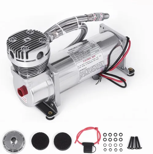 Miniatura 10 de 200PSI 1/4 NPT Bocina de aire resistente para trenes/Compresor de suspensión de aire para viajes en tren/camión/coche 12V negro doble
