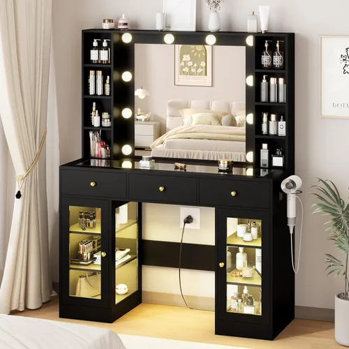 HUANLEGO Tocador Negro con Espejo y Luces, Tocador con Superficie de Cristal con Espejo Iluminado y Gabinete de Vidrio RGB y 3 Cajones, Tocador de