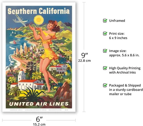 Miniatura 2 de Southern California - United Air Lines - Vintage Airline Travel Poster by Joseph Fehér c.1950 - Master Art Print (Unframed) 6in x 9in