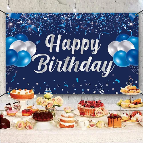 Miniatura 4 de Trgowaul Pancarta de Feliz Cumpleaños, Decoraciones de Fiesta de Cumpleaños Azul y Plateado, Suministros de Fiesta para Hombres, Mujeres y Niños