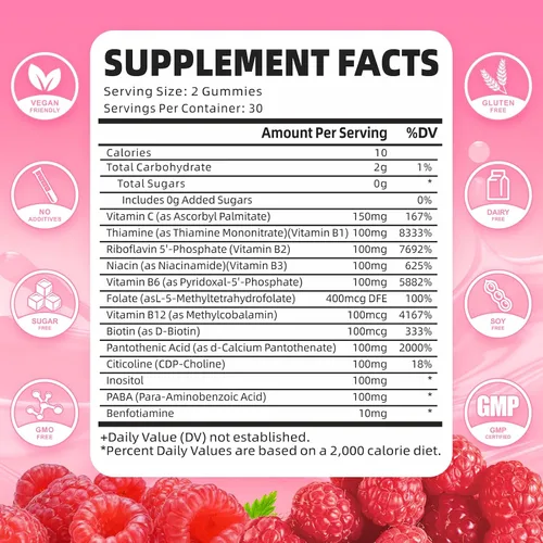 Miniatura 2 de Gomitas de complejo de vitamina B, todas las vitaminas B + metilo B12, B1, B2, B3, B5, B6, biotina, metilfolato, vitamina C, colina, inositol, PABA