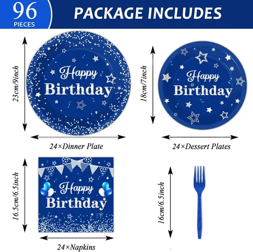 Miniatura 2 de Tevxj - Juego de vajilla para fiesta de cumpleaños, 96 piezas en azul marino y plata, platos desechables, servilletas, tenedores para 24 invitados