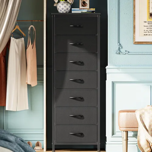 Miniatura 13 de Huuger Cómoda alta para dormitorio, cómoda estable de 7 cajones con dispositivo antipunta, cajones de piel sintética y tela, mesita de noche alta