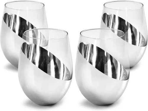 MyGift Juego de Regalo de 4 Copas de Vino Sin Tallo Plateadas Premium de Alta Calidad, Vajilla Moderna Metálica con Detalles Elegantes, Regalo