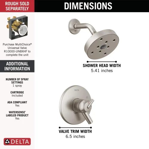 Miniatura 4 de Delta Faucet Trinsic Serie 14, juego de ducha de una sola función con cabezal H2Okinetic de un solo pulverizador, cromado T14259