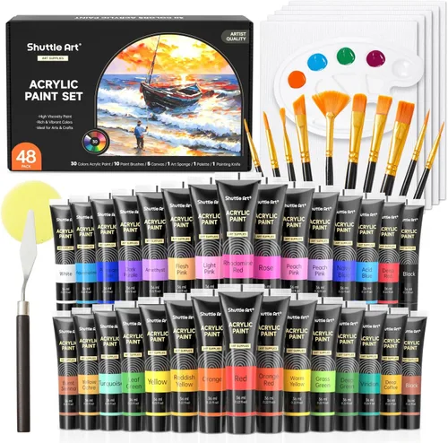 Shuttle Art Juego de 48 pinturas acrílicas, 30 colores de pintura acrílica (36ml) con 10 pinceles, 5 lienzos, 1 cuchillo de pintura, 1 paleta, 1