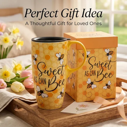 Miniatura 7 de Topadorn Taza de cerámica de café de porcelana con tapa en caja de regalo de 17 onzas, tazas de café novedosas para hombres, mujeres, oficina y Abeja
